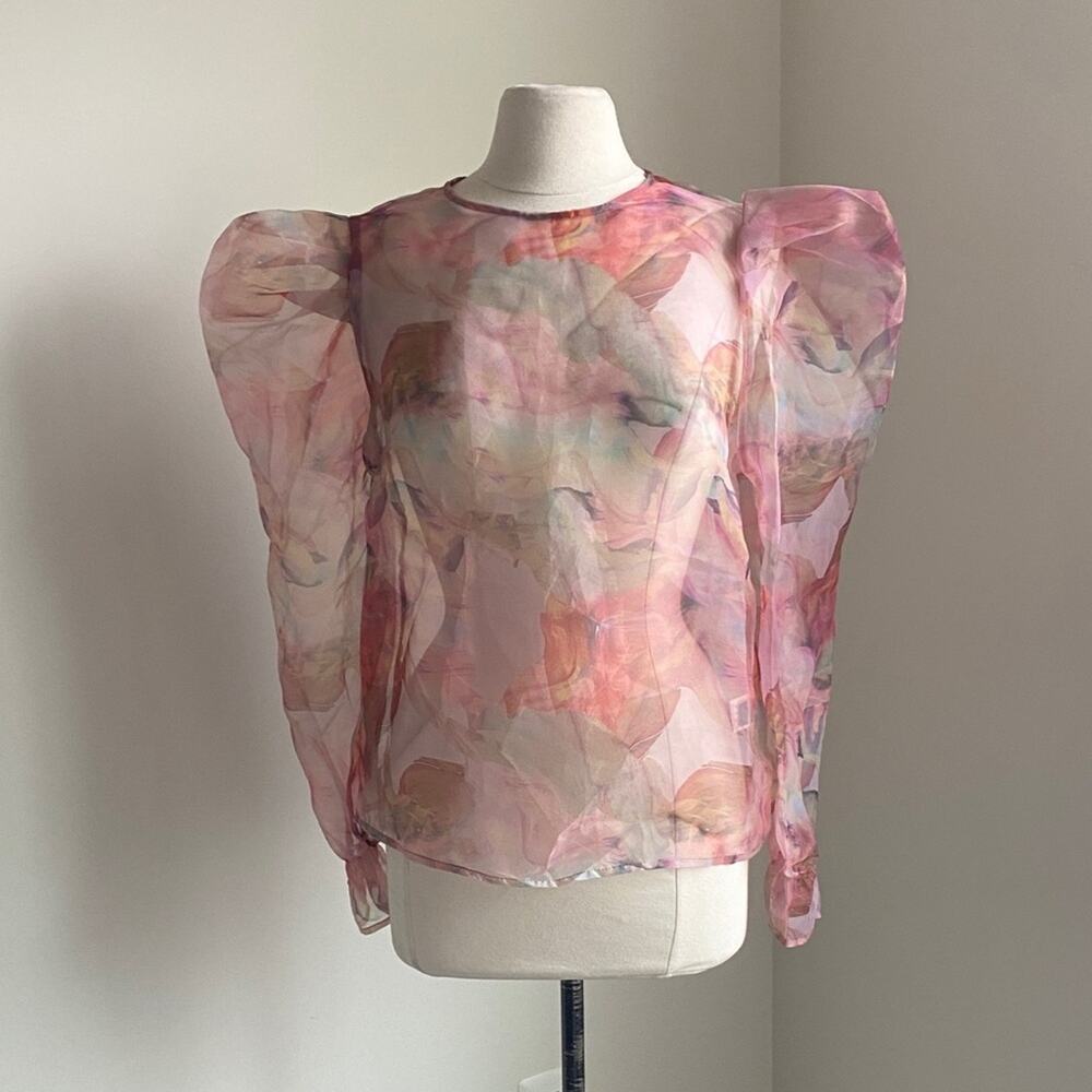 SHEIN Sheer Puff Sleeve Top Womens Sz Large Pink Floral